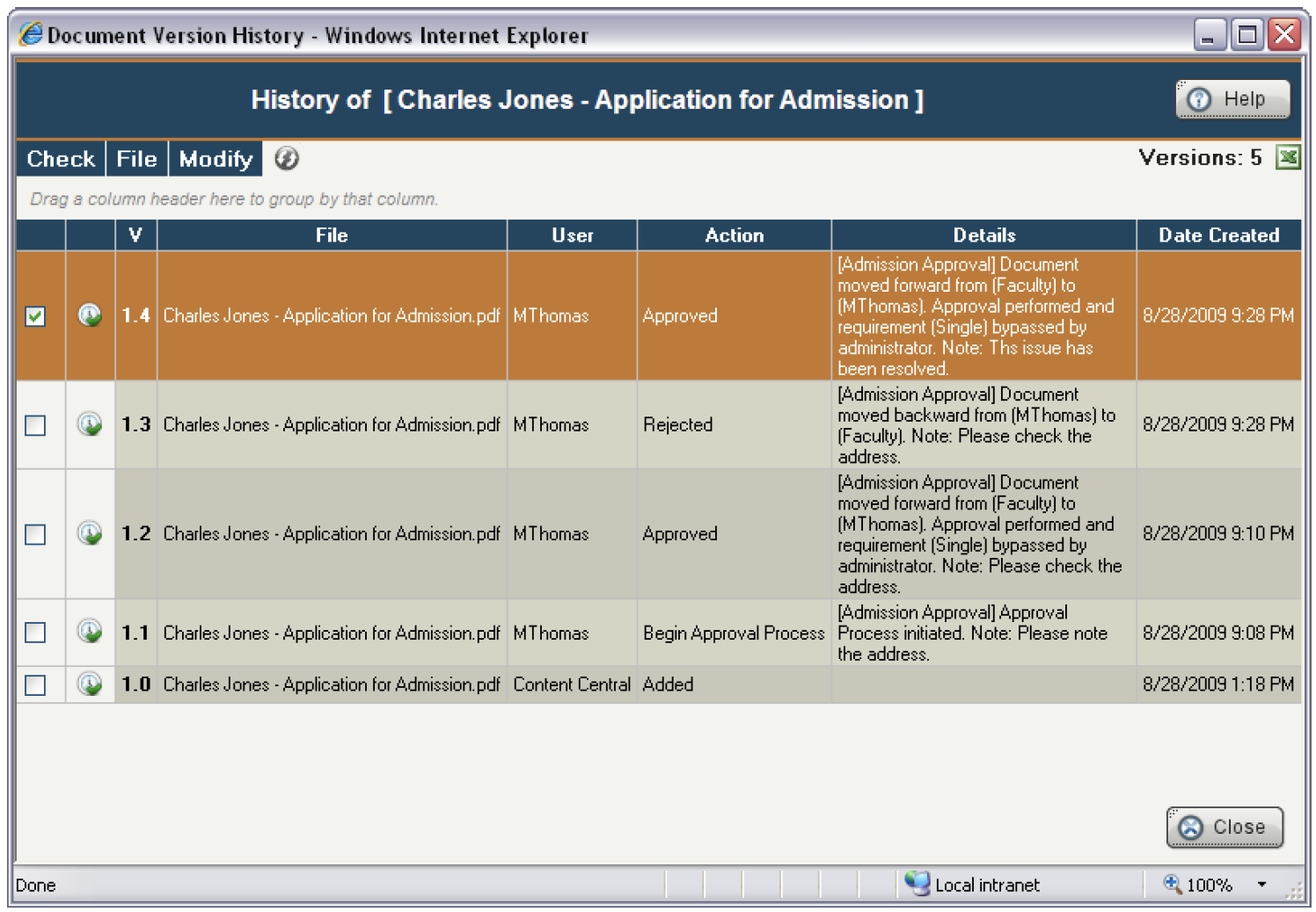 Viewing Document Version History