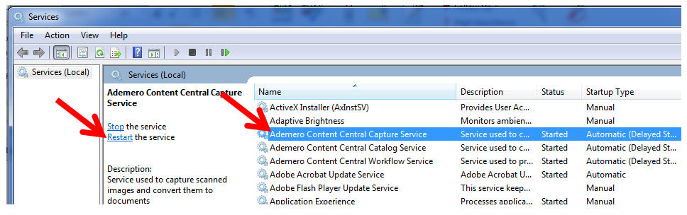 6. In the ‘License Settings’ window, verify new License Details are applied for -  License Status  Edition  Users Licensed  Capture Threads 7. Close ‘Configuration Manager’. 8. Restart all Ademero Services in the Content Central Server.  Ademero Content Central Capture Service  Ademero Content Central Catalog Service  Ademero Content Central Workflow Service