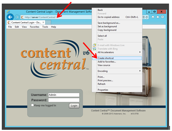 Create a Content Central Shortcut - Internet Explorer Browser Screenshot
